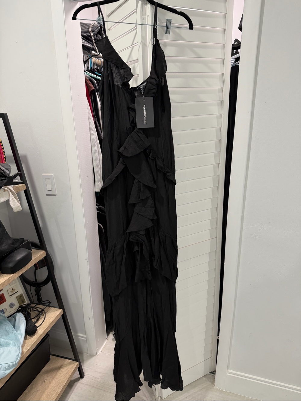 PrettyLittleThing Tall Black Textured Frill Maxi Dress